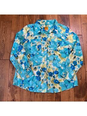 Ruby Rd Shirt Blue Green Floral Eyelet Button Up Top Long Sleeve Womens Sz 18